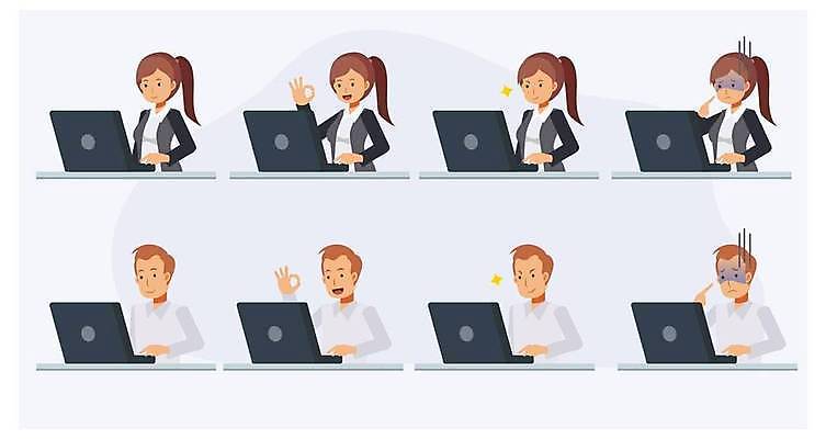 EPS 해외이미지 여자 남자 감정 일러스트 표정 웃음 정장 여러명 상반신 성인 노트북 타이핑 업무 비즈니스맨 비즈니스우먼 자신감 좌절 OK 집중 비즈니스캐릭터 고민 걱정 성인만 해외일러스트 일러캐릭터 캐릭터 옷 다수 컨셉 비즈니스 사람 손짓 전자제품 작업 직장인 파일형식 벡터 이미지허브