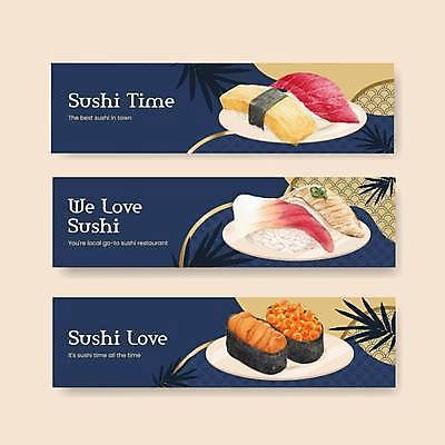 EPS 해외이미지 템플릿 접시 배너 가로배너 잎 일러스트 사람없음 초밥 남색 계란초밥 군함말이초밥 김계란말이초밥 일본음식 배너세트 참치초밥 해외일러스트 식물 식기 음식 컬러 가로 세트 파일형식 벡터 이미지허브