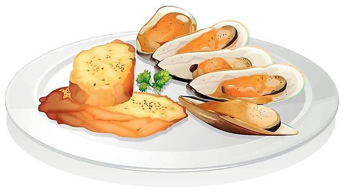 EPS 해외이미지 접시 일러스트 사람없음 굴 굴요리 마늘빵 해외일러스트 식기 음식 빵 어패류 파일형식 벡터 이미지허브