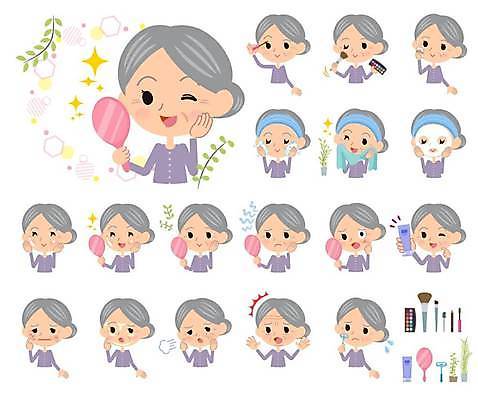 EPS 해외이미지 여자 할머니 얼굴 일러스트 가족 미소 수건 얼룩 주름 상품 마스카라 면도 추천 주근깨 트러블 노화 해외일러스트 노년 컨셉 관계 모션 표정 사람 신체부위 위생용품 화장품 점 파일형식 벡터 이미지허브