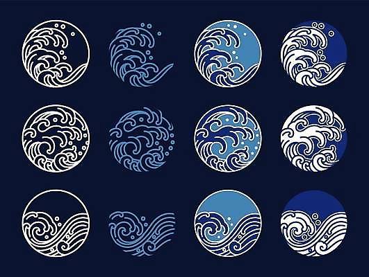 EPS 해외이미지 디자인 파도 일러스트 사람없음 파란색 원형 심볼 라인아트 해외일러스트 도형 선 바다 컬러 파일형식 벡터 이미지허브