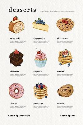 EPS 해외이미지 일러스트 딸기 디저트 사람없음 쿠키 도넛 컵케이크 메뉴 메뉴판 와플 팬케이크 치즈케이크 롤케이크 브라우니 체리파이 해외일러스트 음식 과일 케이크 파이_빵 파일형식 벡터 이미지허브
