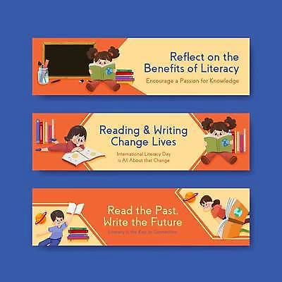 EPS 해외이미지 전신 템플릿 학생 배너 여자 기념일 남자 가로배너 어린이 엎드리기 일러스트 들기 앉기 소년 여러명 상반신 책 독서 주황색 칠판 행성 연필꽂이 어린이만 배너세트 문해 해외일러스트 컬러 다수 모션 문구용품 사람 이벤트 가로 세트 우주 파일형식 벡터 이미지허브