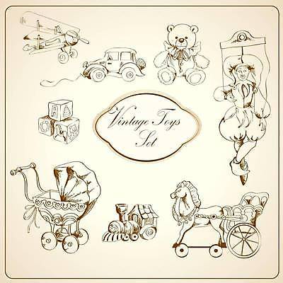 EPS 해외이미지 디자인 일러스트 비행기 사람없음 장난감 블록 곰인형 목마 스케치 장난감자동차 복고 유모차 기차모형 꼭두각시인형 비행기모형 해외일러스트 인형 항공교통 대중교통 미술 모형 아기용품 파일형식 벡터 이미지허브