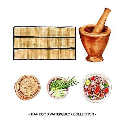 EPS 해외이미지 디자인 채소 일러스트 수채화 사람없음 페인트 샐러드 매트 손그림 대나무발 절구 대나무찜기 해외일러스트 음식 도구 찜기 파일형식 벡터 이미지허브