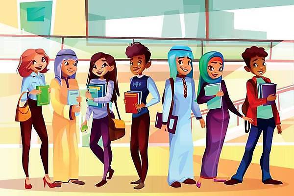 EPS 해외이미지 전신 학생 여자 교육 남자 대학생 가방 일러스트 학교 서기 들기 여러명 성인 책 대학교 다인종 성인만 해외일러스트 잡화 다수 모션 사람 인종 파일형식 벡터 이미지허브