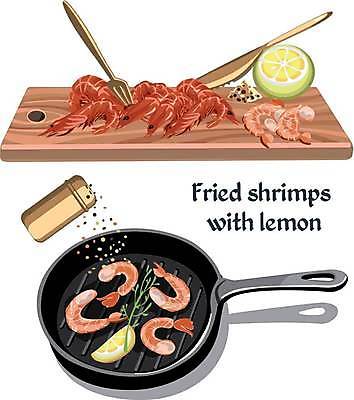 EPS 해외이미지 포크 일러스트 주방용품 새우 사람없음 프라이팬 나이프 굽기 레몬 라임 후추 로즈메리 후추통 나무도마 새우구이 해외일러스트 식기 생활용품 과일 도마 갑각류 목재 칼 구이 허브 향신료 양념통 파일형식 벡터 이미지허브