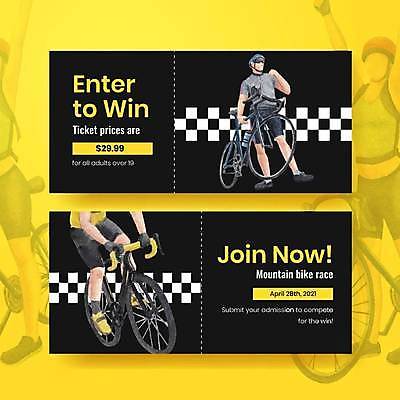 EPS 해외이미지 전신 영어 여자 남자 일러스트 서기 들기 여러명 성인 타이포그라피 노란색 자전거 검은색 하반신 티켓 헬멧 상품권 성인만 해외일러스트 문자 컬러 다수 모션 사람 바이크 보호장비 파일형식 벡터 이미지허브