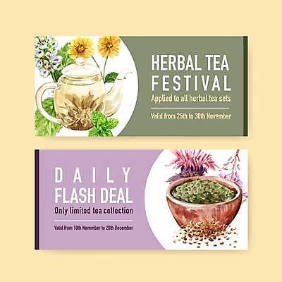 EPS 해외이미지 그릇 영어 꽃 일러스트 타이포그라피 사람없음 초록색 보라색 축제 티켓 찻주전자 상품권 찻잎 해외일러스트 식물 문자 식기 컬러 주전자 차_음료 파일형식 벡터 이미지허브