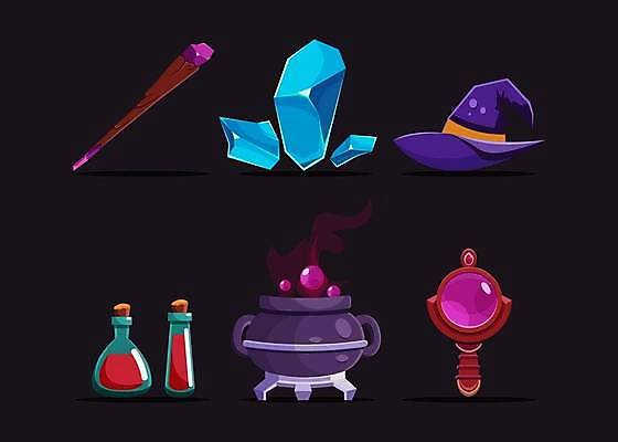 EPS 해외이미지 일러스트 지팡이 사람없음 판타지 세트 게임 가마솥 보석 마녀모자 물약 아이템 엘리먼트 해외일러스트 모자_잡화 상상 놀이 약 솥 광석 파일형식 벡터 이미지허브