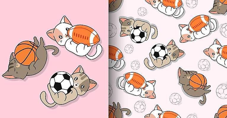 EPS 해외이미지 분홍색 동물캐릭터 패턴 여러마리 일러스트 축구공 농구공 사람없음 눕기 귀여움 고양이 패턴백그라운드 럭비공 해외일러스트 일러캐릭터 동물 캐릭터 컬러 다수 백그라운드 컨셉 무늬 공 축구용품 포유류 모션 농구 반려동물 럭비용품 파일형식 벡터 이미지허브