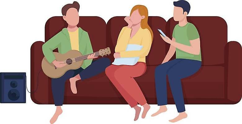 EPS 해외이미지 전신 여자 남자 연주 일러스트 들기 앉기 성인 세명 친구 스마트폰 소파 턱괴기 우정 기타 앰프 얼굴없음 성인만 해외일러스트 음악 음향기기 의자 관계 모션 현악기 사람 핸드폰 스마트기기 파일형식 벡터 이미지허브