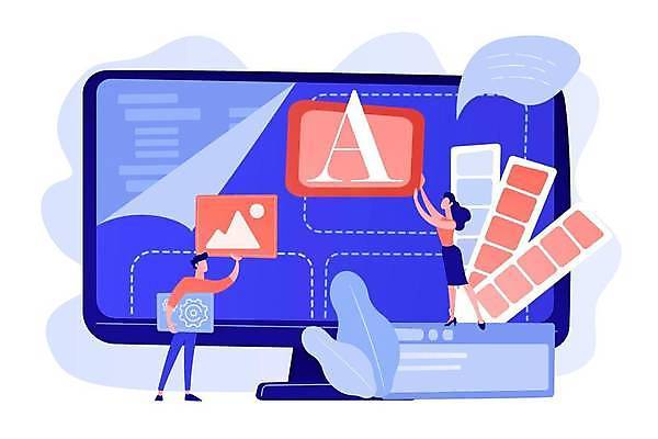 EPS 해외이미지 전신 여자 남자 일러스트 서기 들기 성인 두명 디지털 모니터 풀잎 A 프로그래머 프로그래밍 성인만 코딩 디지털라이프 해외일러스트 직업 라이프스타일 알파벳 잎 모션 사람 컴퓨터 작업 풀_식물 개발 컴퓨터교육 파일형식 벡터 이미지허브