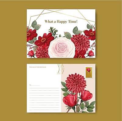 EPS 해외이미지 꽃 선 리플렛 잎 일러스트 사람없음 빨간색 세트 엽서 해외일러스트 식물 컬러 편지 파일형식 벡터 이미지허브