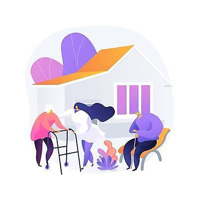 EPS 해외이미지 전신 여자 노년 남자 잎 의자 일러스트 지팡이 주택 앉기 성인 세명 의료진 잡기 도움 노인복지 돌봄 보행기 돌보미 해외일러스트 식물 직업 가구 컨셉 의학 모션 사람 건물 복지 파일형식 벡터 이미지허브