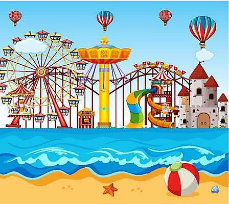 EPS 해외이미지 여자 남자 바다 일러스트 성인 해변 두명 놀이공원 열기구 성 놀이기구 서커스 비치볼 대관람차 회전목마 롤러코스터 워터슬라이드 회전그네 성인만 해외일러스트 건축물 공 항공교통 바캉스용품 사람 테마파크 파일형식 벡터 이미지허브