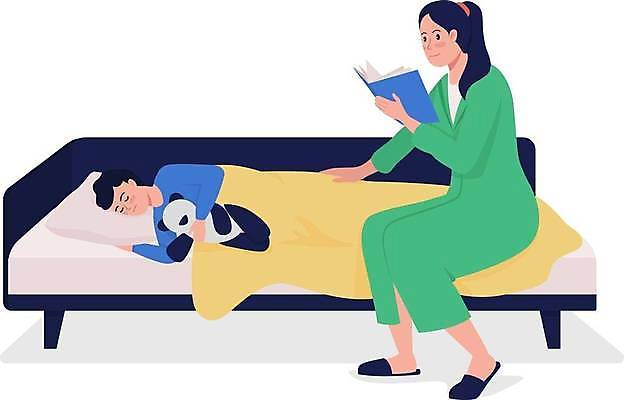 EPS 해외이미지 전신 여자 남자 아들 어린이 일러스트 베개 안기 엄마 들기 앉기 소년 성인 두명 책 눕기 독서 곰인형 잠 해외일러스트 모자관계 인형 가족 침구 모션 사람 파일형식 벡터 이미지허브