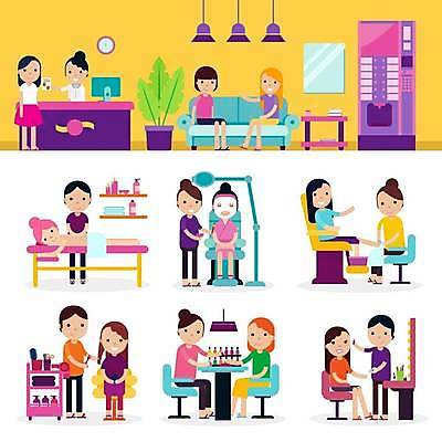 EPS 해외이미지 전신 여자 남자 화분 화초 의자 일러스트 앉기 여러명 성인 뷰티 화장품 마사지 화려 네일아트 이발 계산대 테라피 마스크팩 자판기 접수 성인만 해외일러스트 식물 가구 다수 컨셉 모션 사람 팩 파일형식 벡터 이미지허브