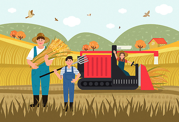 전신 나무 구름 여자 남자 어린이 허리손 여러마리 일러스트 가족 하늘 산 주택 논 서기 미소 웃음 들기 소녀 소년 상반신 성인 세명 운전 수확 추수 벼 가을 농촌 풀 농부 농기구 멜빵바지 밀짚모자 손인사 참새 벼농사 농업인의날 콤바인 국내일러스트 AI파일 자연요소 식물 직업 모자_잡화 계절 기념일 포즈 다수 농업 바지 관계 모션 조류 곡류 표정 사람 건물 농사 시골 인사 멜빵 파일형식 벡터