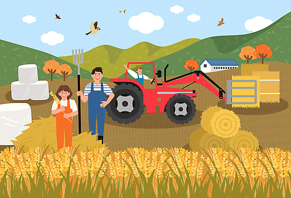 전신 나무 여자 남자 어린이 허리손 여러마리 일러스트 가족 산 주택 서기 미소 웃음 들기 소녀 소년 상반신 성인 세명 운전 수확 추수 벼 가을 농촌 운반 볏짚 농부 농기구 멜빵바지 밀짚모자 손인사 참새 트랙터 벼농사 농업인의날 곤포사일리지 국내일러스트 AI파일 식물 직업 모자_잡화 계절 기념일 포즈 다수 농업 바지 관계 모션 조류 곡류 표정 사람 건물 농사 시골 인사 짚 농기계 멜빵 특수차량 파일형식 벡터