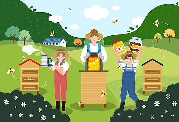 전신 나무 구름 여자 남자 어린이 일러스트 가족 하늘 산 서기 미소 웃음 들기 소녀 소년 상반신 성인 건물 세명 초록색 만세 가을 농촌 풀 연기 꿀벌 농부 멜빵바지 밀짚모자 벌집 꿀단지 꿀채취 농업인의날 벌꿀 양봉 양봉업 양봉장 국내일러스트 AI파일 자연요소 식물 직업 모자_잡화 건축물 계절 기념일 컬러 바지 관계 모션 표정 사람 시골 벌_곤충 수집 멜빵 꿀 파일형식 벡터