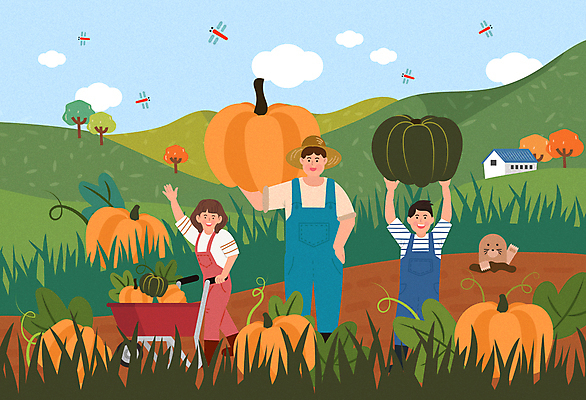 전신 나무 구름 여자 남자 어린이 일러스트 가족 하늘 호박 산 주택 미소 웃음 들기 소녀 소년 상반신 성인 세명 수레 수확 가을 농촌 풀 잠자리 농부 멜빵바지 밀짚모자 손인사 농업인의날 두더지 수레끌기 호박밭 국내일러스트 AI파일 자연요소 식물 직업 모자_잡화 계절 기념일 곤충 밭 농업 채소 바지 관계 모션 표정 사람 건물 카트 시골 인사 당기기 멜빵 파일형식 벡터