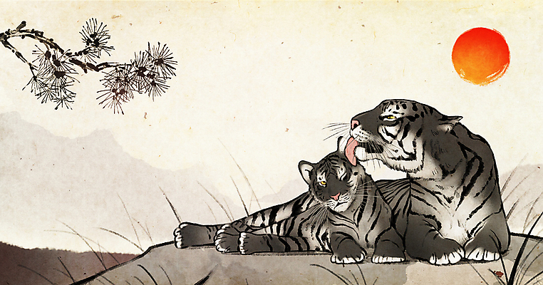 PSD 새끼 엎드리기 두마리 일러스트 새해 산 수묵화 사람없음 태양 나뭇가지 소나무 호랑이띠 호랑이 핥기 동양화 민속화 2022년 흑호 국내일러스트 자연요소 나무 동물 2 포유류 모션 미술 십이지신 연도 파일형식