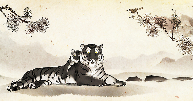 PSD 새끼 엎드리기 일러스트 조류 새해 세마리 수묵화 사람없음 바위 나뭇가지 소나무 호랑이띠 호랑이 동양화 민속화 2022년 흑호 국내일러스트 나무 동물 포유류 모션 3 미술 돌_바위 십이지신 연도 파일형식