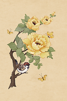 PSD 나비 잎 여러마리 일러스트 사람없음 갈색 나뭇가지 동양화 참새 모란 민화 국내일러스트 나무 식물 꽃 컬러 다수 곤충 조류 미술 그림 파일형식