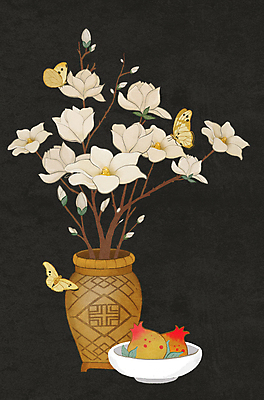 PSD 접시 나비 일러스트 사람없음 꽃병 검은색 나뭇가지 동양화 꽃봉오리 석류 목련 민화 초충도 국내일러스트 나무 식기 꽃 컬러 곤충 과일 미술 그림 파일형식