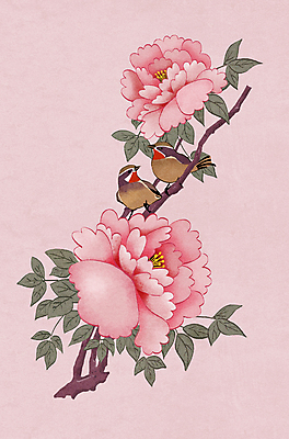 PSD 분홍색 잎 두마리 일러스트 조류 사람없음 나뭇가지 쌍 동양화 모란 민화 화조화 국내일러스트 나무 식물 동물 꽃 컬러 2 미술 그림 파일형식