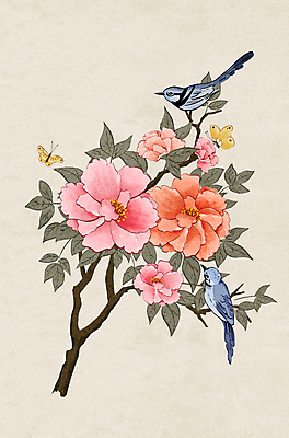 PSD 나비 잎 여러마리 일러스트 조류 사람없음 나뭇가지 동양화 모란 민화 베이지색 국내일러스트 나무 식물 동물 꽃 컬러 다수 곤충 미술 그림 파일형식