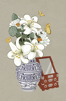 PSD 한국전통 나비 잎 일러스트 세마리 사람없음 꽃병 거울 회색 백합 동양화 경대 민화 연밥 초충도 국내일러스트 식물 전통 꽃 컬러 곤충 전통소품 한국 연꽃 3 미술 그림 파일형식