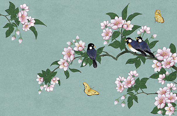 PSD 나비 잎 여러마리 일러스트 사람없음 나뭇가지 동양화 제비 민트색 민화 사과꽃 국내일러스트 나무 식물 꽃 컬러 다수 곤충 조류 미술 그림 파일형식