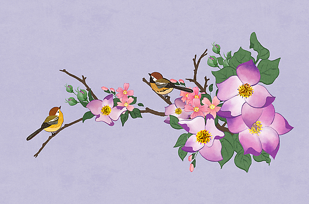 PSD 꽃 잎 두마리 일러스트 꽃나무 사람없음 보라색 나뭇가지 동양화 꽃봉오리 참새 민화 화조화 국내일러스트 나무 식물 컬러 2 조류 미술 그림 파일형식