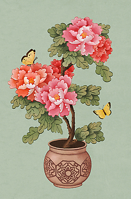 PSD 나비 잎 두마리 일러스트 사람없음 연두색 꽃병 동양화 모란 민화 초충도 국내일러스트 식물 꽃 곤충 2 미술 초록색 그림 파일형식