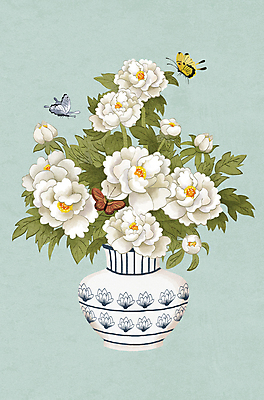 PSD 나비 잎 일러스트 세마리 사람없음 꽃병 동양화 민트색 민화 작약 초충도 국내일러스트 식물 꽃 컬러 곤충 3 미술 그림 파일형식