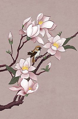 PSD 한마리 잎 일러스트 조류 사람없음 보라색 나뭇가지 동양화 꽃봉오리 목련 목련나무 민화 화조화 국내일러스트 나무 식물 동물 1 꽃 컬러 미술 그림 파일형식