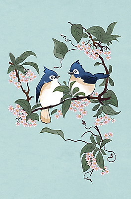 PSD 하늘색 잎 두마리 일러스트 조류 꽃나무 사람없음 나뭇가지 쌍 동양화 민화 화조화 국내일러스트 나무 식물 동물 꽃 2 미술 파란색 그림 파일형식