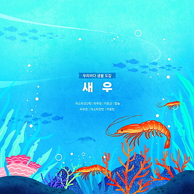 PSD 바다 하늘색 일러스트 새우 한국 세마리 어류 타이포그라피 사람없음 바닷속 바위 해조류 산호초 공기방울 영양소 물고기떼 동물도감 국내일러스트 문자 아시아 3 갑각류 파란색 수중 수중동물 돌_바위 수중식물 해양식물 파일형식