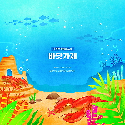 PSD 한마리 바다 하늘색 일러스트 불가사리 한국 갑각류 어류 타이포그라피 사람없음 바닷속 바위 해조류 산호초 바닷가재 공기방울 영양소 물고기떼 동물도감 국내일러스트 동물 문자 1 아시아 극피동물 파란색 수중 수중동물 돌_바위 수중식물 해양식물 가재 파일형식