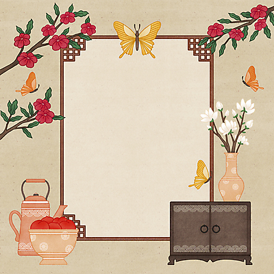PSD 한국전통 꽃 나비 잎 일러스트 사각프레임 사람없음 갈색 꽃병 나뭇가지 찻주전자 서랍장 복숭아 고가구 목련 민화 전통그릇 전통프레임 국내일러스트 나무 식물 전통 그릇 컬러 가구 곤충 과일 주전자 프레임 한국 사각형 그림 파일형식