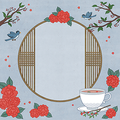 PSD 한국전통 열매 꽃잎 꽃 하늘색 잎 두마리 일러스트 사람없음 나뭇가지 찻잔 컵받침 원형프레임 꽃차 민화 전통창문 파랑새 전통프레임 국내일러스트 나무 식물 전통 2 창문 조류 잔 프레임 한국 파란색 차_음료 원형 받침대 그림 파일형식