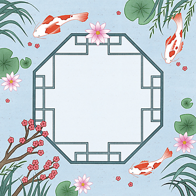 PSD 한국전통 꽃 하늘색 일러스트 연꽃 세마리 사람없음 강 수영 나뭇가지 풀 연잎 잉어 민화 버들잎 전통창문 팔각형 전통프레임 국내일러스트 도형 나무 식물 전통 잎 창문 프레임 한국 3 어류 파란색 수상스포츠 그림 파일형식