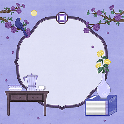 PSD 한마리 한국전통 접시 꽃잎 꽃 잎 일러스트 조류 사람없음 꽃병 보라색 보름달 나뭇가지 찻잔 찻주전자 서랍장 고가구 낙화 민화 전통프레임 국내일러스트 나무 식물 동물 1 전통 식기 컬러 가구 주전자 잔 프레임 한국 달 그림 파일형식