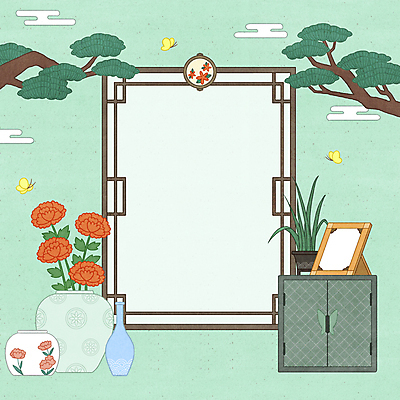 PSD 구름 한국전통 꽃 화분 나비 일러스트 사각프레임 사람없음 꽃병 거울 소나무 난초 화장대 고가구 구름모양 민트색 민화 전통프레임 국내일러스트 자연요소 모양 나무 식물 전통 컬러 가구 곤충 프레임 한국 사각형 그림 파일형식 구름_자연