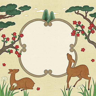 PSD 구름 한국전통 두마리 일러스트 사슴 산 사람없음 평화 나뭇가지 소나무 풀 동백 낙화 동백나무 민화 베이지색 전통프레임 국내일러스트 자연요소 나무 식물 전통 꽃 컬러 컨셉 2 포유류 프레임 한국 그림 파일형식