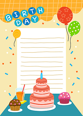 접시 음료 일러스트 초 프레임 빨대 사람없음 컵 주황색 생일 컵케이크 편지지 꽃가루 생일축하 풍선 3단케이크 프레임일러스트 국내일러스트 AI파일 식기 기념일 컬러 케이크 축하 가루 편지 파일형식 벡터