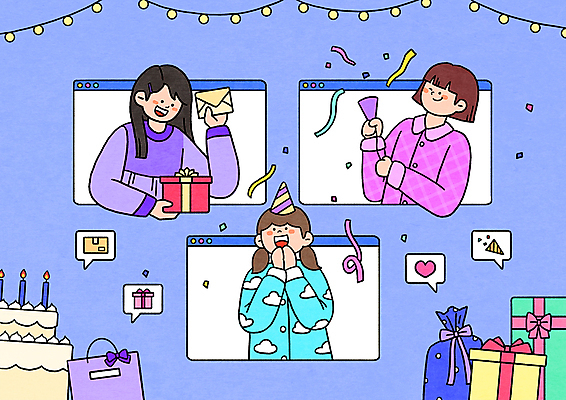 PSD 여자 말풍선 일러스트 모바일 폭죽 들기 상반신 성인 세명 파란색 선물상자 쇼핑백 케이크 고깔모자 하트 축하 생일파티 편지 주기 꽃가루 생일축하 손모으기 생일선물 온라인 화상통화 성인여자만 언택트 온택트 랜선라이프 온라인파티 국내일러스트 모양 모자_잡화 라이프스타일 컬러 컨셉 가방 모션 디저트 선물 사람 손짓 상자 생일 가루 통화 여자만 성인만 파일형식