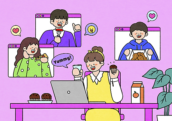 PSD 여자 남자 화분 분홍색 말풍선 일러스트 모바일 피자 들기 앉기 여러명 상반신 성인 컵 노트북 치킨 하트 최고 오렌지주스 떡볶이 먹기 야식 머핀 온라인 이모티콘 화상통화 성인만 언택트 온택트 랜선라이프 온라인파티 국내일러스트 모양 라이프스타일 식기 빵 컬러 다수 모션 패스트푸드 서양음식 사람 전자제품 과일주스 분식 통화 닭고기요리 파일형식